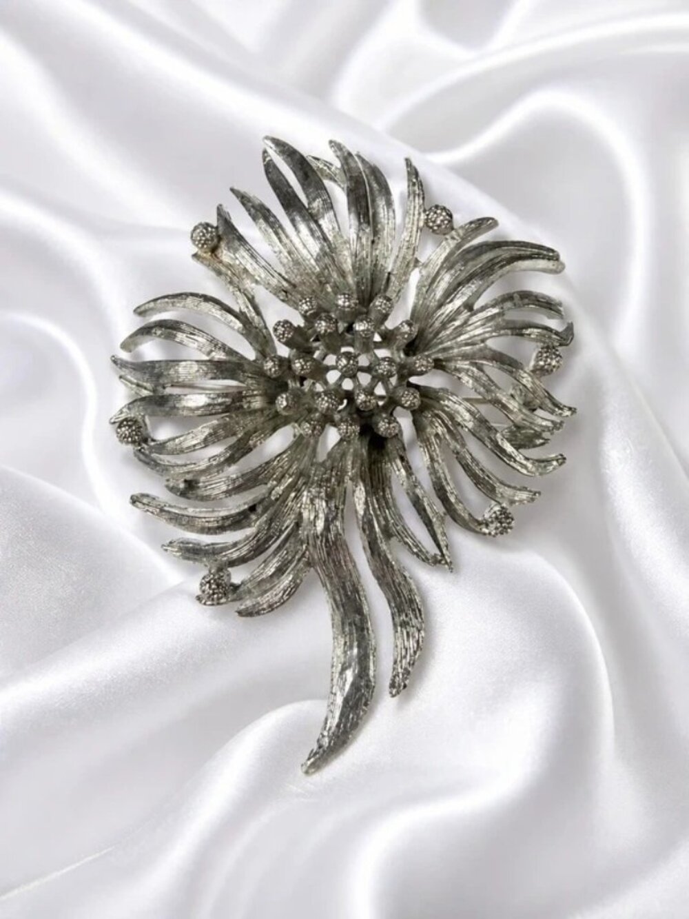 Vintage Silver Tone Statement Floral Brooch 3” Textured Flower Pin